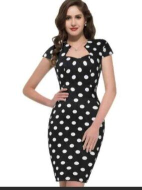 New Grace Karin Black White Polka Dot Stretch Twill Short Sleeve Dress M Pinup